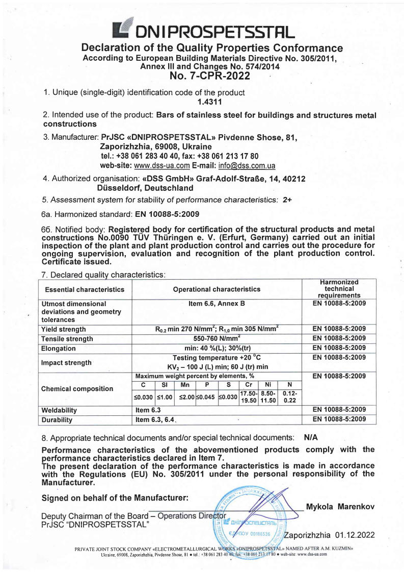 Declaration of the Quality Properties Conformance No. 7-CPR-2022 accoding to directive 305/2011